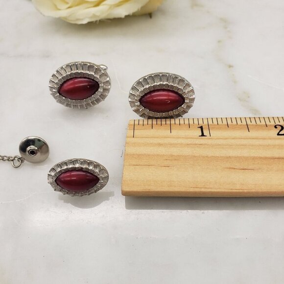 Vtg Garnet Pink Tiger's Eye Stone Fluted Silver Halo Cufflinks & Tie Tack Set - Picture 6 of 11